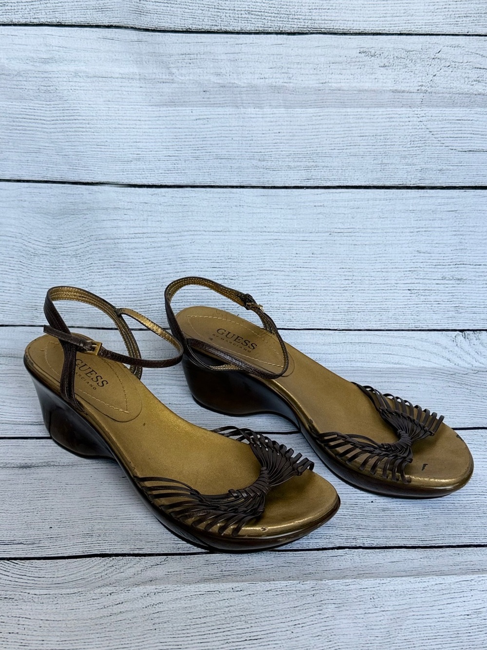 GUESS by Marciano Metallic Insole Strappy Ankle Strap Wedge Sandals 9